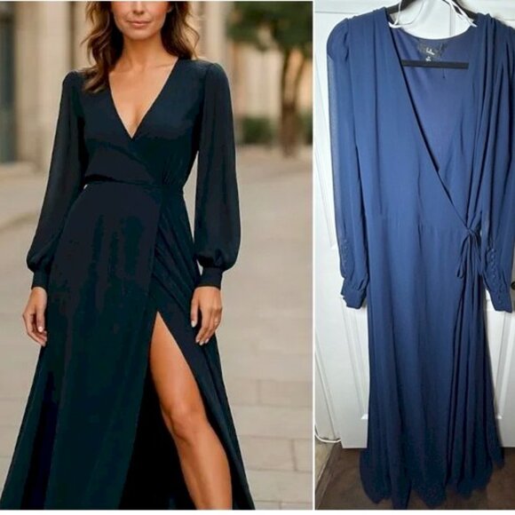 My Whole Heart Dark Navy Blue Long Sleeve LuLu's Wrap Dress Size 2X with Flaw - Picture 15 of 16